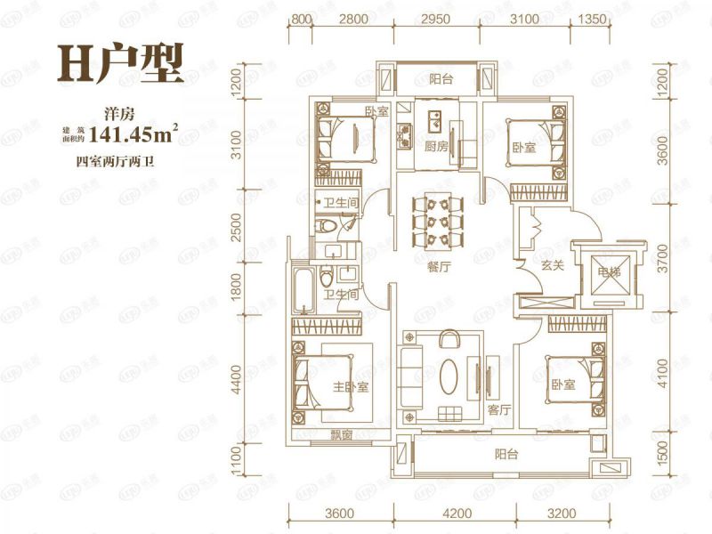 包頭裝修方案中梁·首府壹號院四室兩廳兩衛141.45平方米