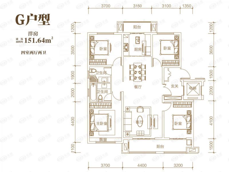 包頭裝修方案中梁·首府壹號院四室兩廳兩衛151.64平方米